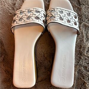 Tory Burch Cream Woven Slide Sandals